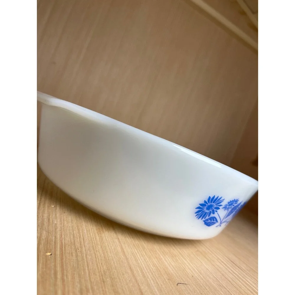 Vintage Anchor Hocking Fire-King Blue Floral Milk Glass Dish 438 Oven Proof MCM